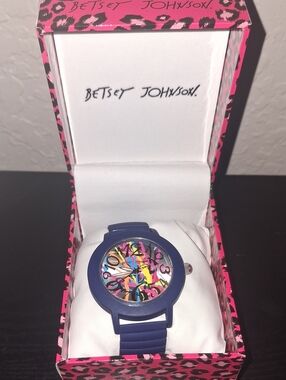 Betsey Johnson Navy Blue Silicone Watch with Multicolor Abstract Dial